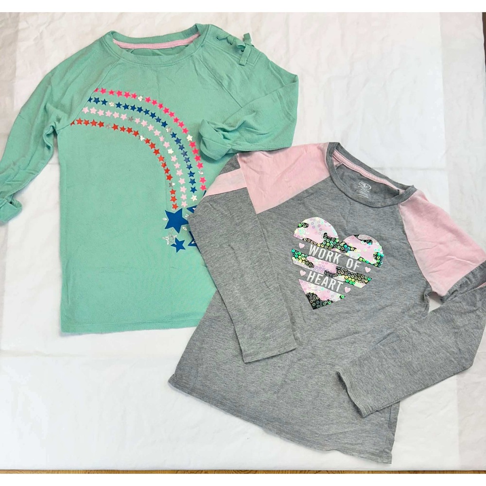 Girls Graphic Long Sleeve Shirt Lot Size 7/8 Rainbow Heart Casual Tops